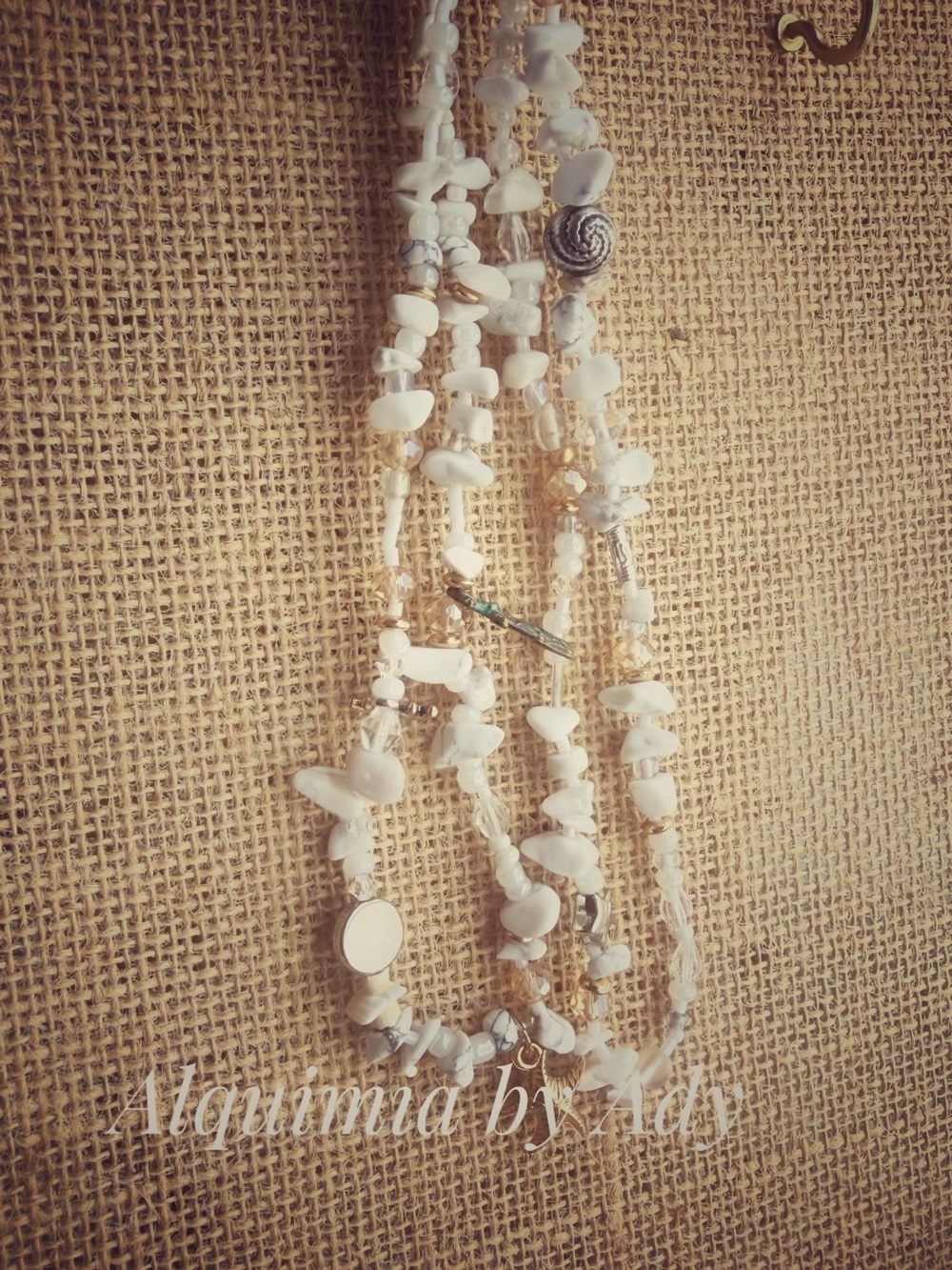 White Howlite long single Strand Necklace with Gold Accents